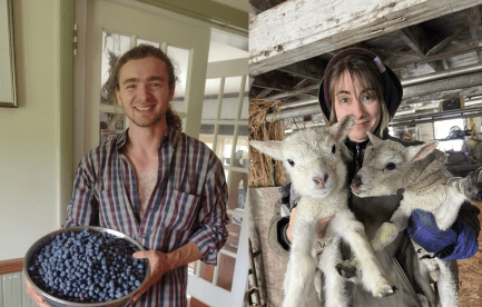 Ari with blueberries and Jen with surprise January lambs.