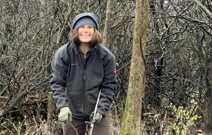 Gathering baseline soil samples at a riparian buffer in early spring 2024 before we restored it with native polycultures