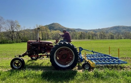 New and old equipment: Farmall Super C and a Treffler tine weeder.