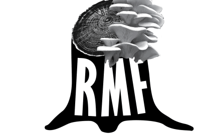 "RMF" texts is on an abstracted tree stump with snow oysters. Abbreviation stands for "Rainbow Mushroom Farm"