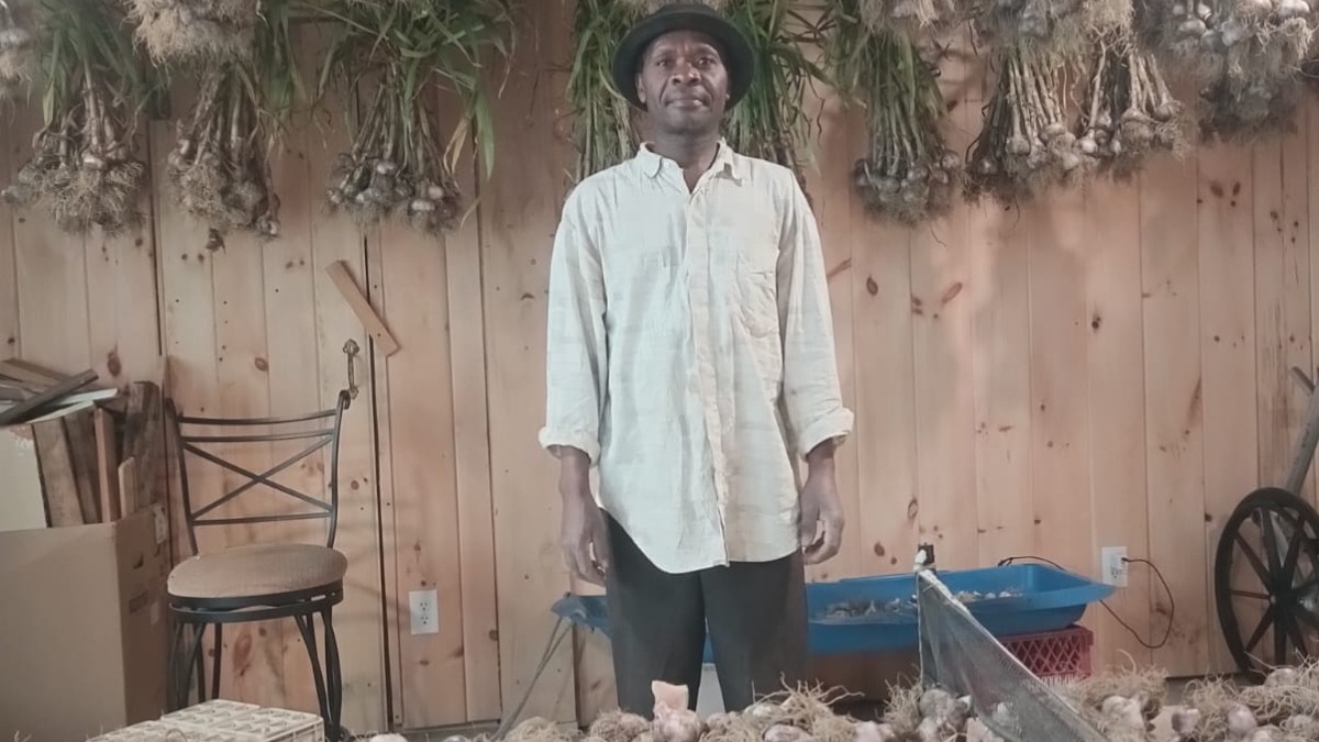 Shabagwe with his garlic harvest