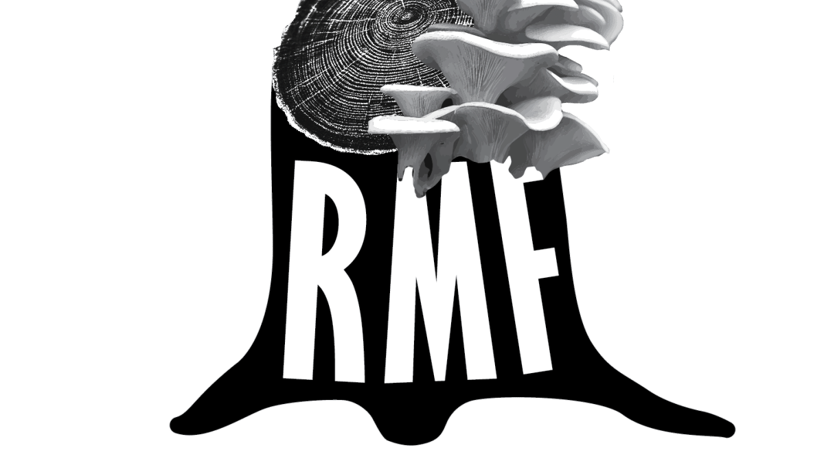 "RMF" texts is on an abstracted tree stump with snow oysters. Abbreviation stands for "Rainbow Mushroom Farm"