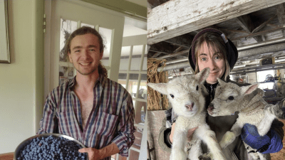 Ari with blueberries and Jen with surprise January lambs.