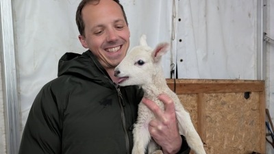 Matt of Make Do Farm smiles down at a lamb making a silly face in his arms. 