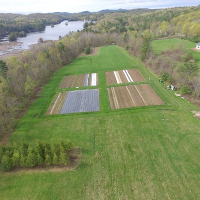 Aerial view of garden, pastures, and Lake Hortonia
